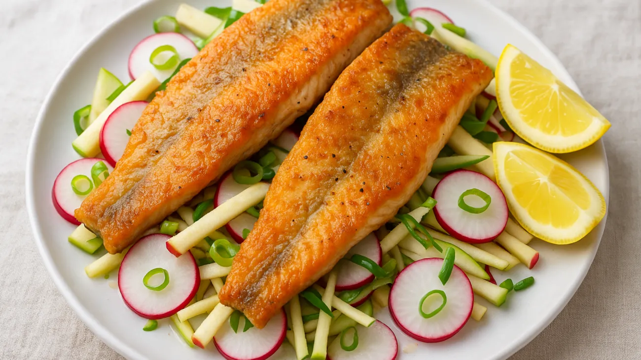 Forellenfilet, Radieschen-Apfel-Salat, Zitronensaft"
