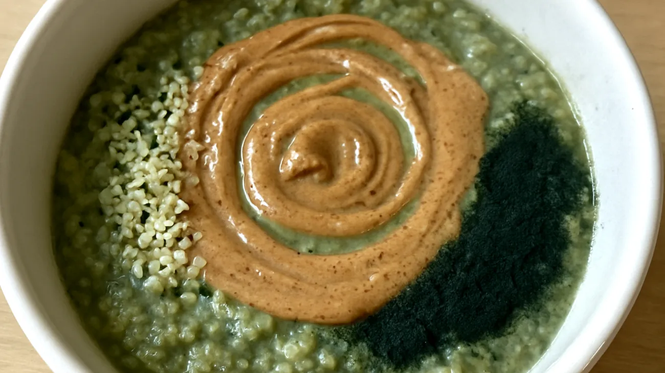 Hanfsamen-Quinoa-Brei mit Spirulina und Mandelmus"