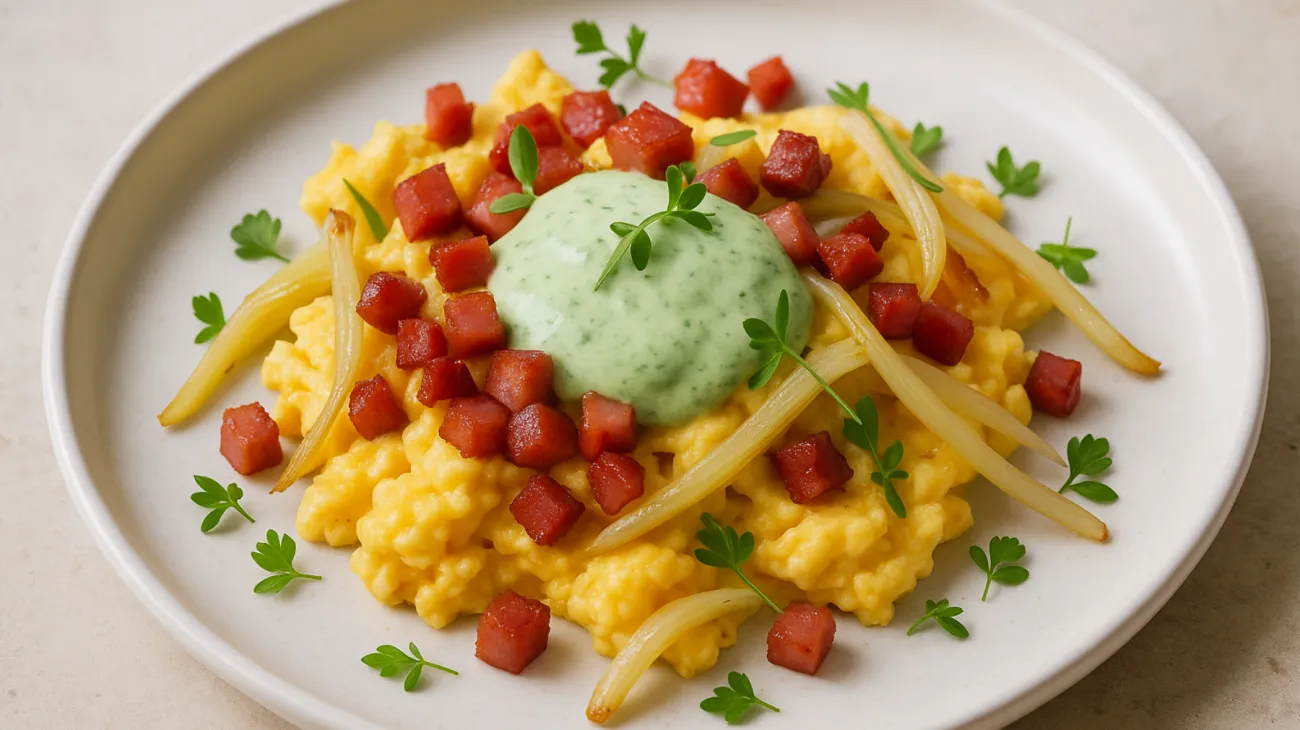 Krustenschinken, Rührei, Fenchel"