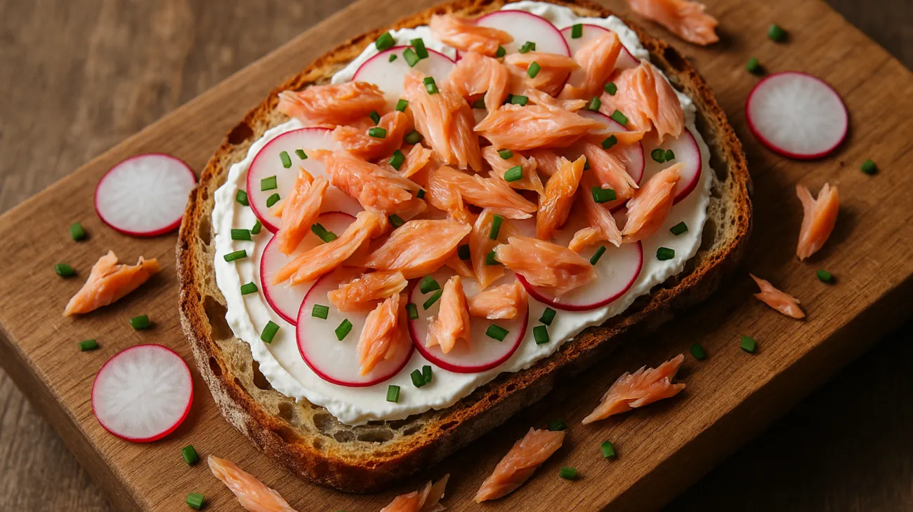 Radieschen, Forelle, Bauernbrot"
